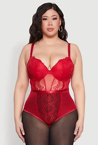 Womens Plus Size Lace Detail Bustier Bodysuit, Red, Size 2X