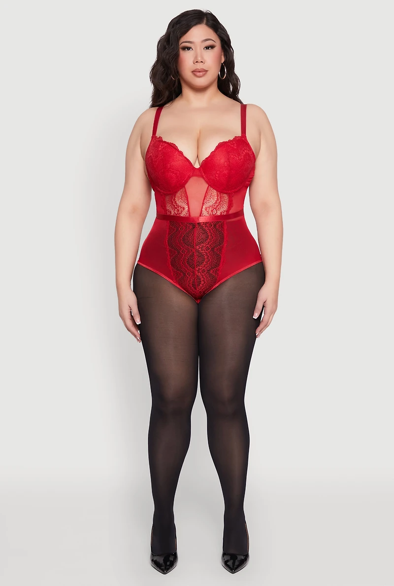 Womens Plus Size Lace Detail Bustier Bodysuit, Red, Size 1X