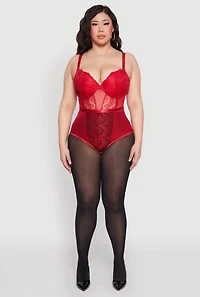 Womens Plus Size Lace Detail Bustier Bodysuit, Red, Size 1X