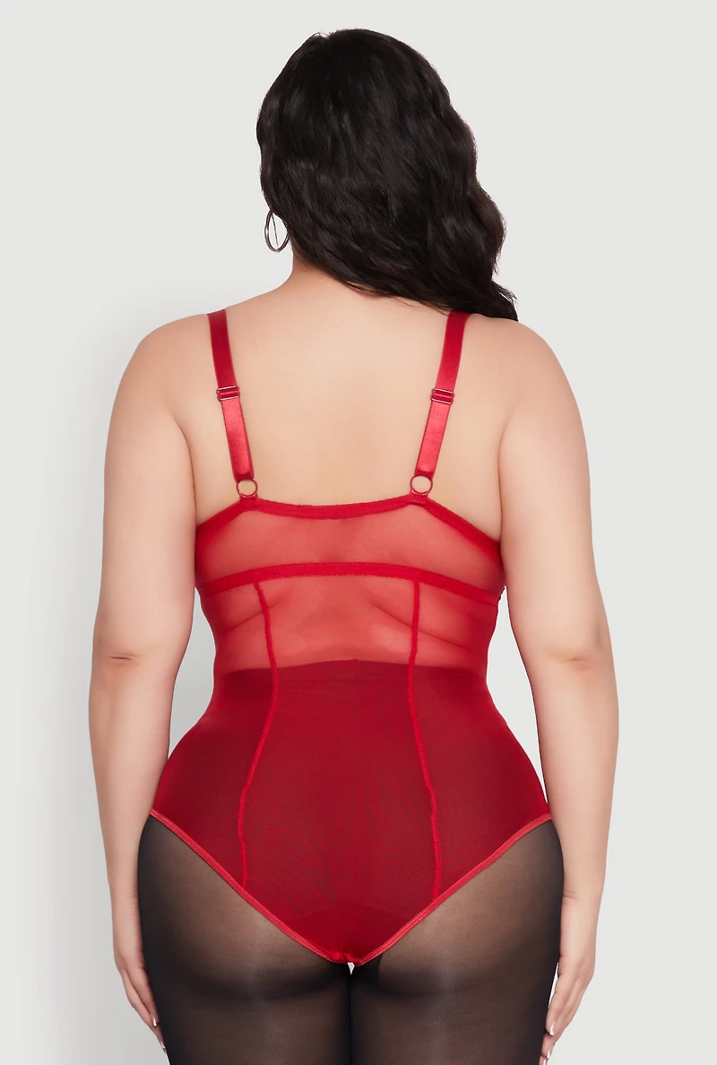 Womens Plus Size Lace Detail Bustier Bodysuit, Red, Size 1X
