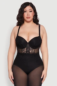 Womens Plus Size Lace Detail Caged Bustier Bodysuit, Black, Size 1X