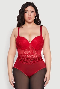 Womens Plus Size Lace Detail Caged Bustier Bodysuit, Red, Size 3X