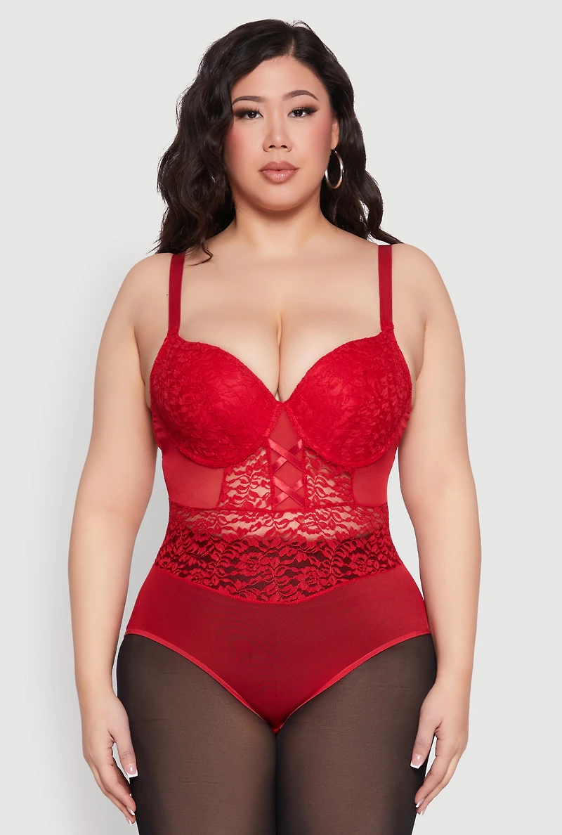 Womens Plus Size Lace Detail Caged Bustier Bodysuit, Red, Size 1X