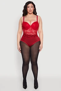 Womens Plus Size Lace Detail Caged Bustier Bodysuit, Red, Size 1X