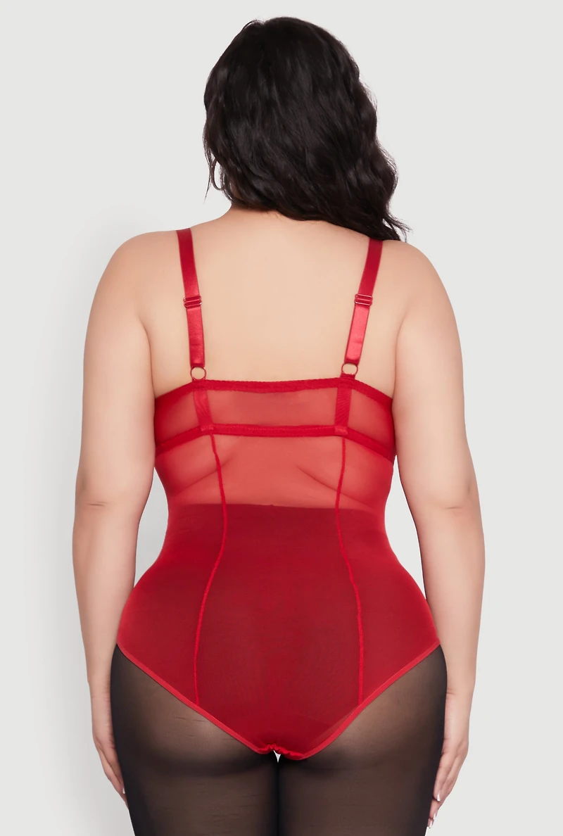 Womens Plus Size Lace Detail Caged Bustier Bodysuit, Red, Size 1X