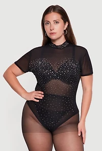 Plus Rhinestone Short Sleeve Mesh Bodysuit