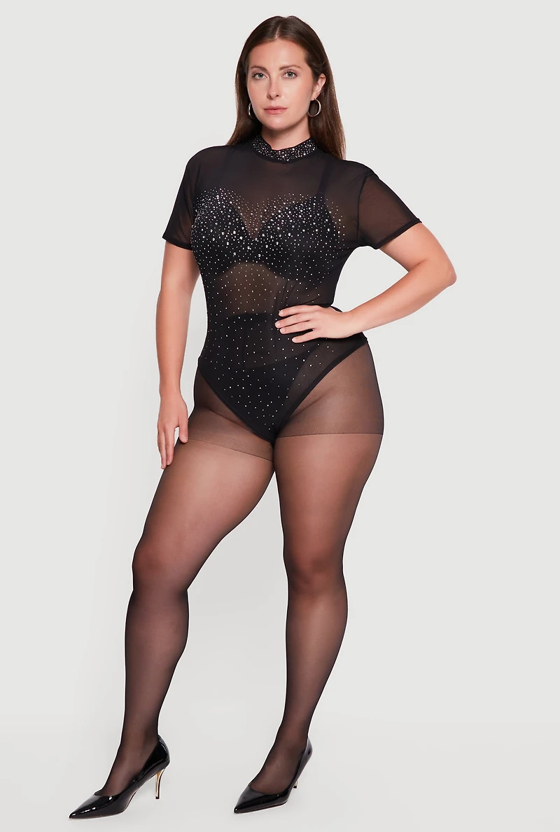 Plus Rhinestone Short Sleeve Mesh Bodysuit