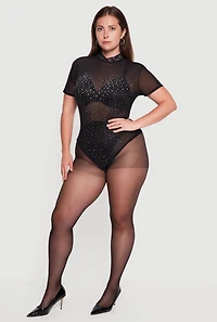 Plus Rhinestone Short Sleeve Mesh Bodysuit