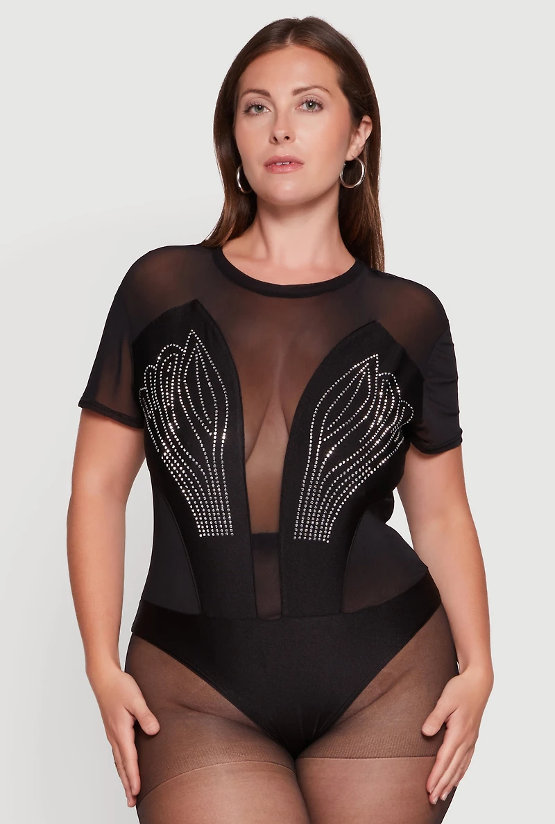 Plus Rhinestone Detail Short Sleeve Mesh Bodysuit