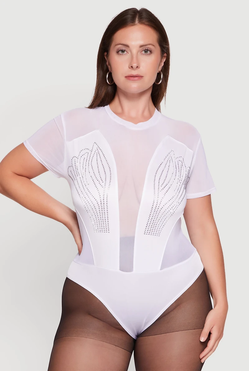 Plus Rhinestone Detail Short Sleeve Mesh Bodysuit