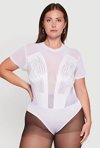 Plus Rhinestone Detail Short Sleeve Mesh Bodysuit