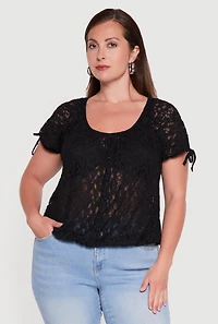 Plus Lace Faux Button Scoop Neck Top