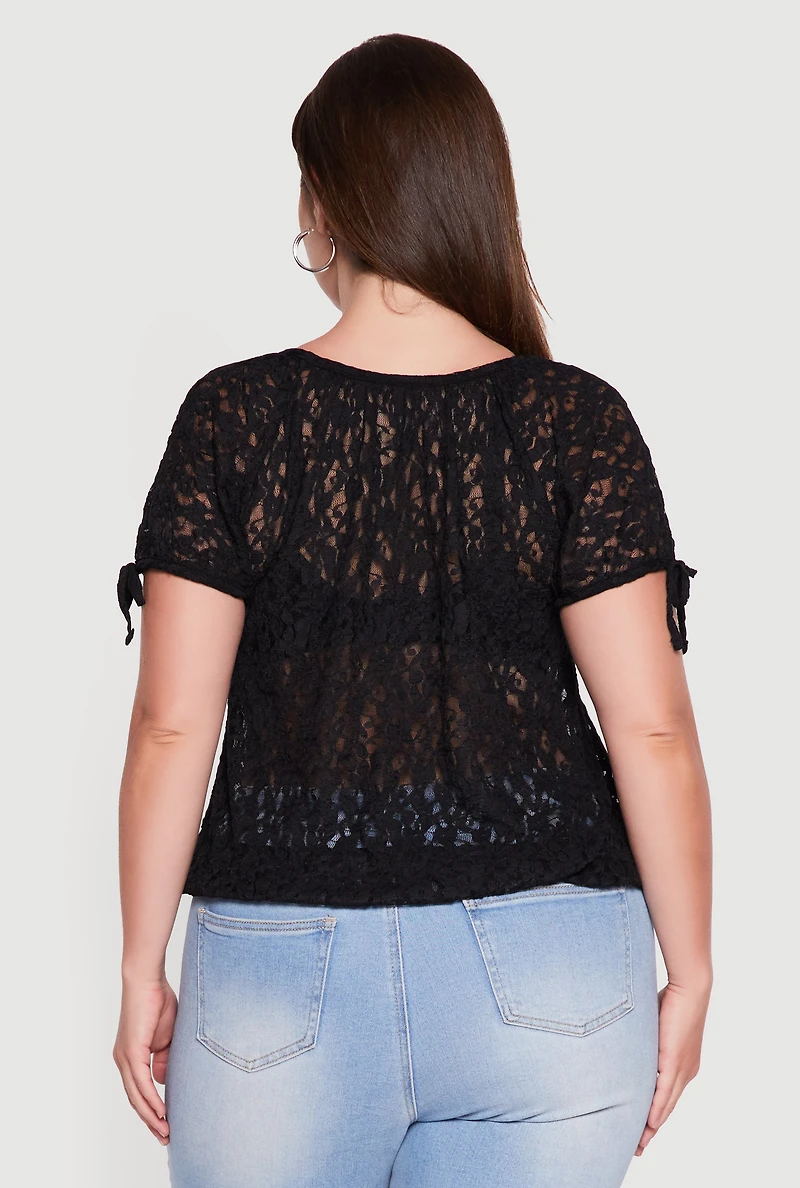 Plus Lace Faux Button Scoop Neck Top