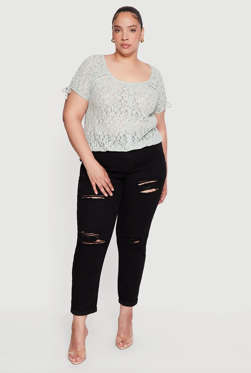 Plus Lace Faux Button Scoop Neck Top