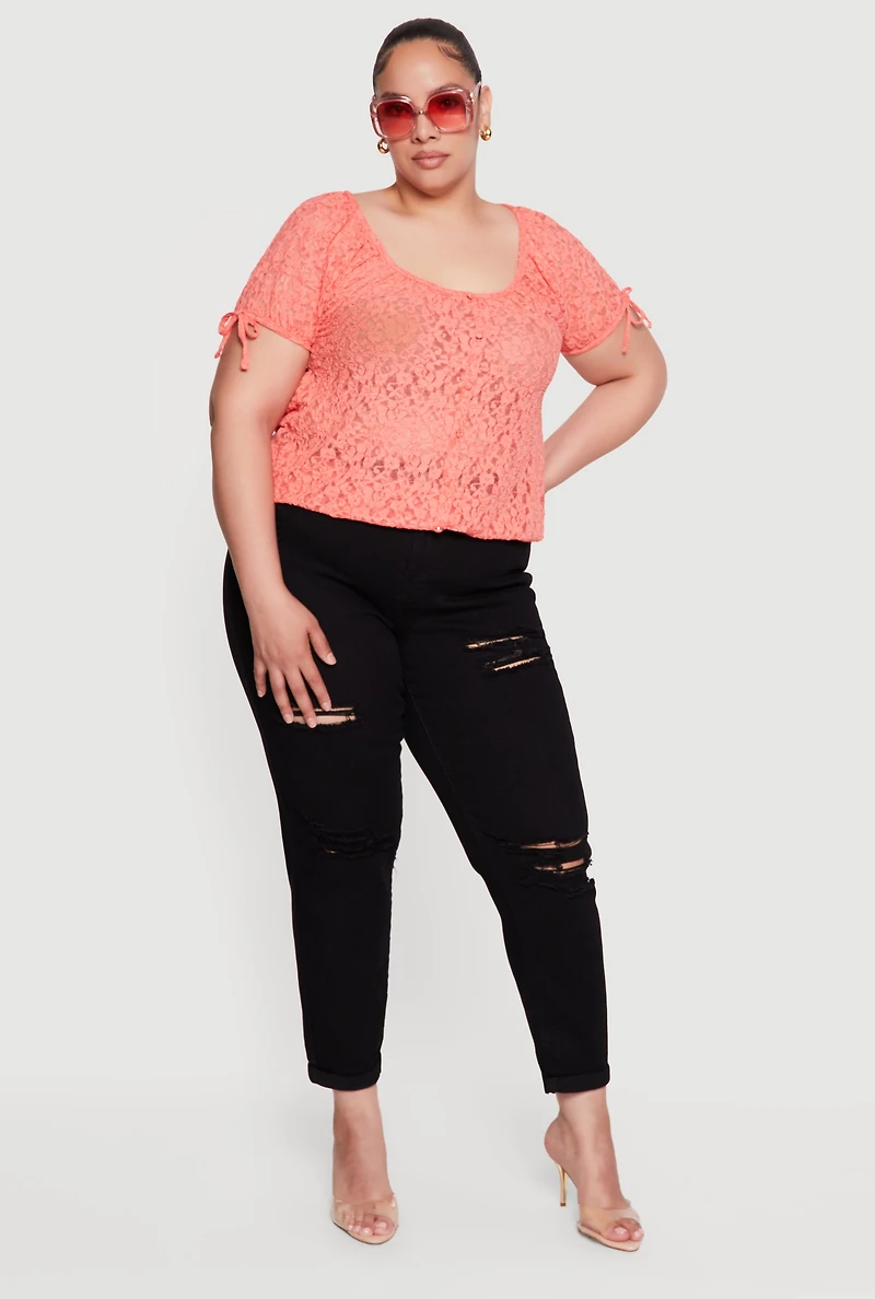 Plus Lace Faux Button Scoop Neck Top