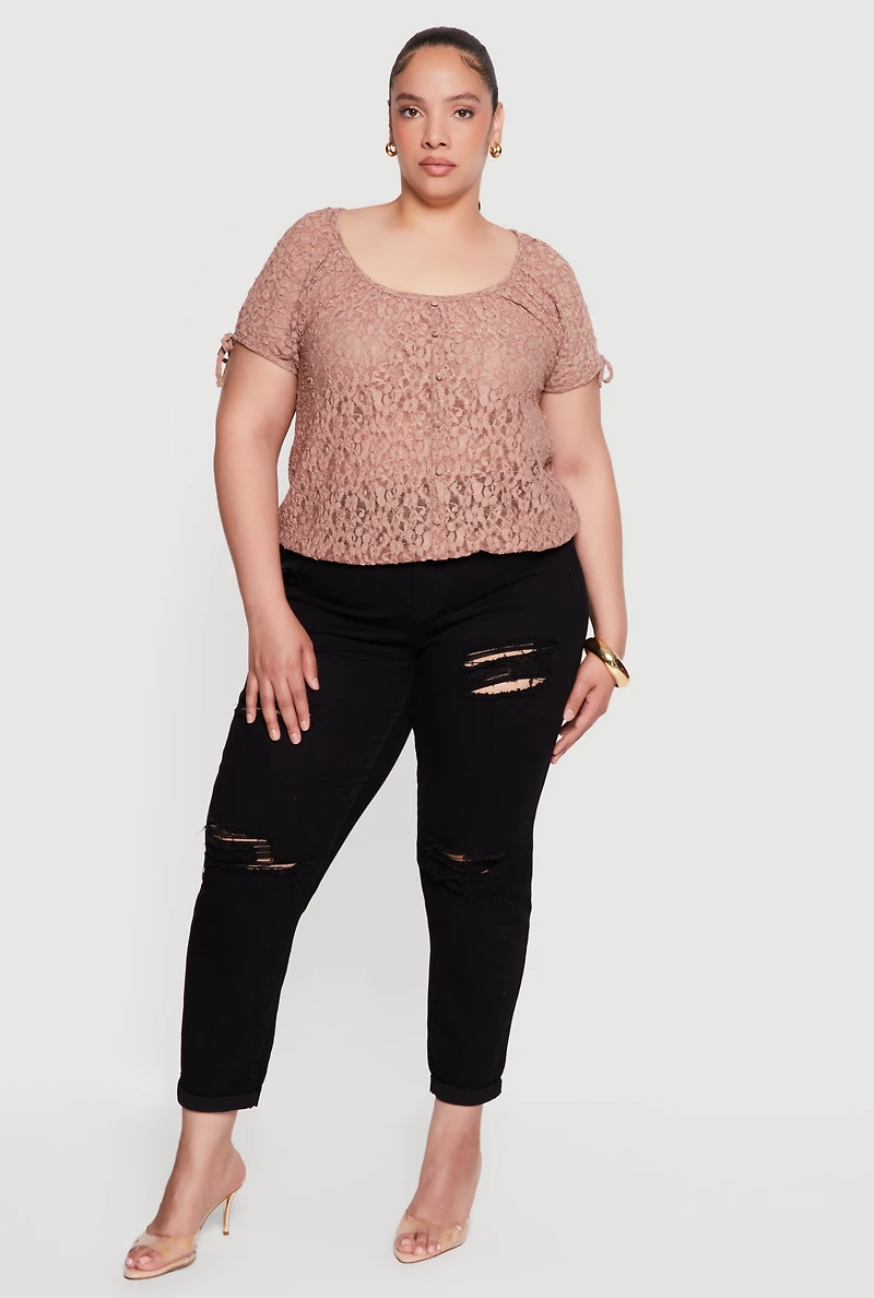 Plus Lace Faux Button Scoop Neck Top