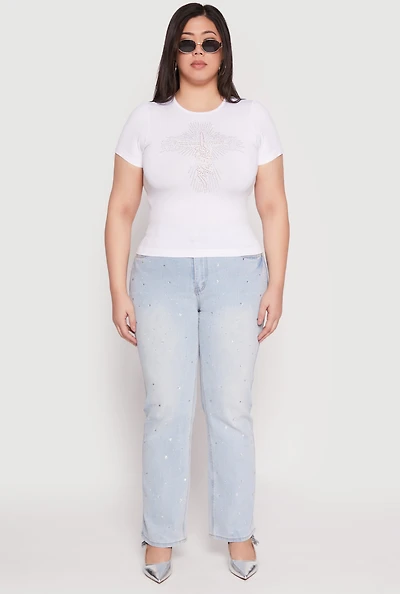 Womens Plus Size Faith Cross Rhinestone Short Sleeve Top, White, Size 2X-3X