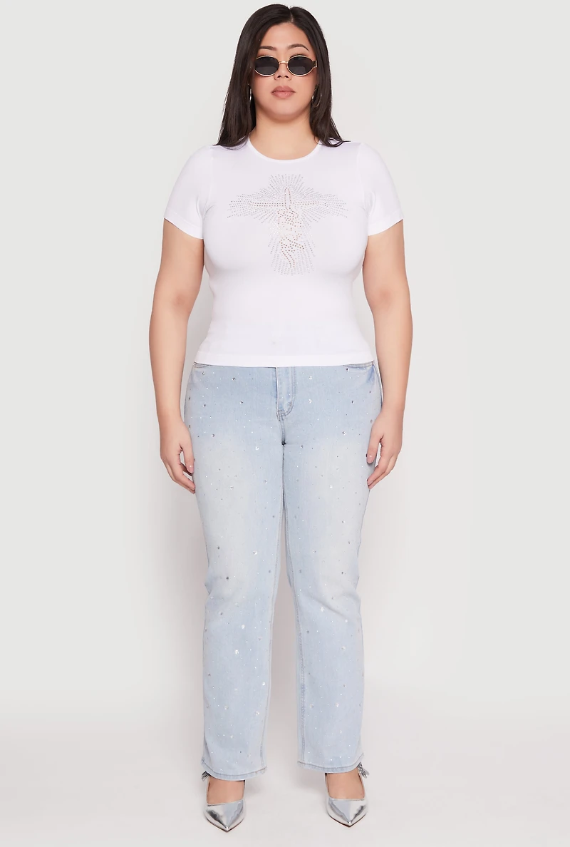 Womens Plus Size Faith Cross Rhinestone Short Sleeve Top, White, Size 2X-3X