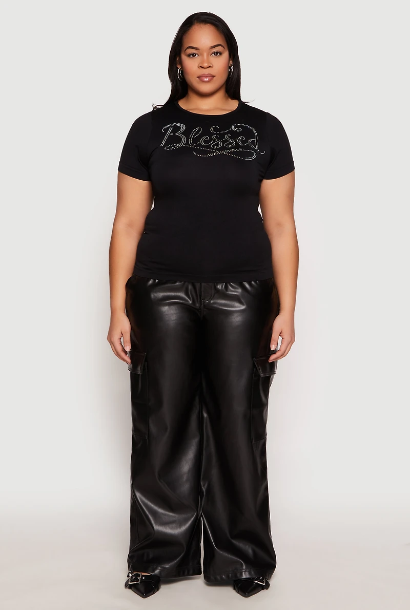 Womens Plus Size Rhinestone Blessed Short Sleeve Top, Black, Size 1X-2X