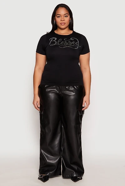 Womens Plus Size Rhinestone Blessed Short Sleeve Top, Black, Size 1X-2X