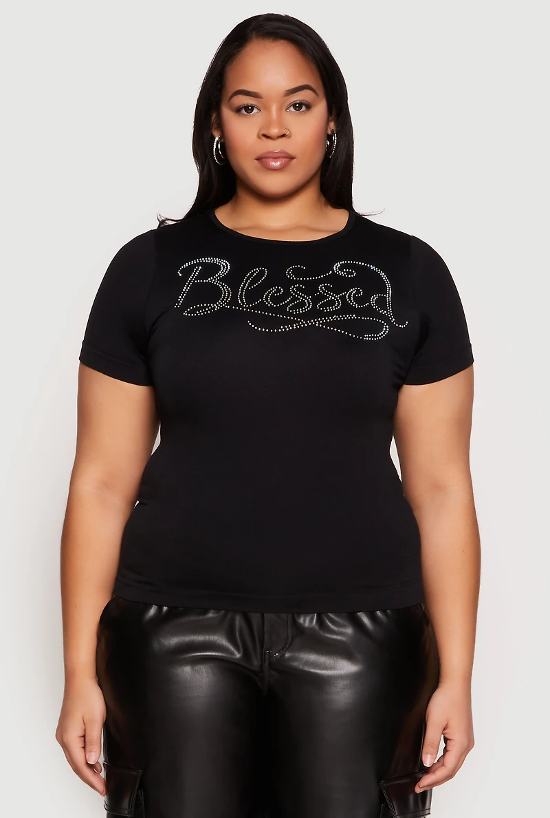 Womens Plus Size Rhinestone Blessed Short Sleeve Top, Black, Size 1X-2X