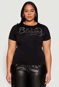 Womens Plus Size Rhinestone Blessed Short Sleeve Top, Black, Size 1X-2X