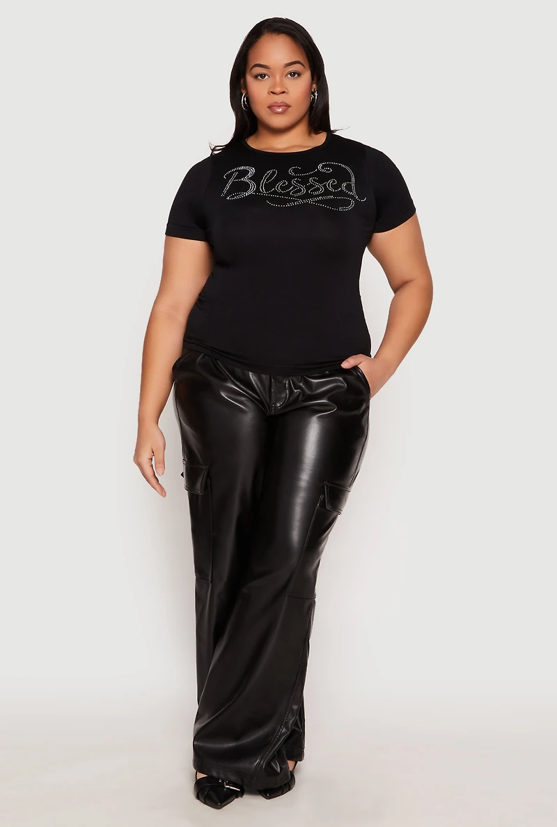 Womens Plus Size Rhinestone Blessed Short Sleeve Top, Black, Size 1X-2X