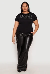 Womens Plus Size Rhinestone Blessed Short Sleeve Top, Black, Size 1X-2X