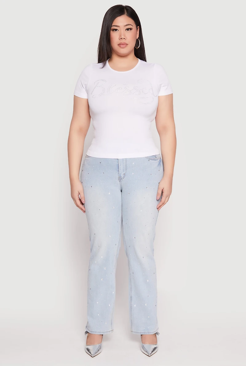 Plus Rhinestone Blessed Short Sleeve Top