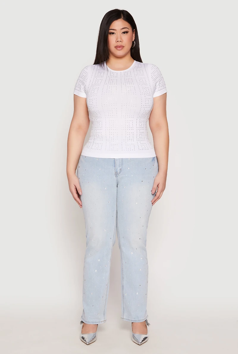 Plus Geometric Rhinestone Short Sleeve Top