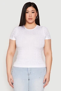 Womens Plus Size Geometric Rhinestone Short Sleeve Top, White, Size 1X-2X