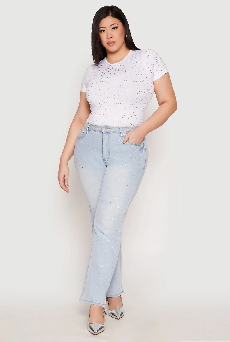 Womens Plus Size Geometric Rhinestone Short Sleeve Top, White, Size 1X-2X