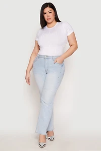 Womens Plus Size Geometric Rhinestone Short Sleeve Top, White, Size 1X-2X