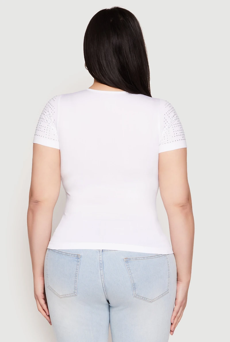 Womens Plus Size Geometric Rhinestone Short Sleeve Top, White, Size 1X-2X