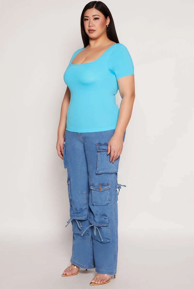 Womens Plus Size Seamless Square Neck Short Sleeve Top, Blue, Size 2X-3X