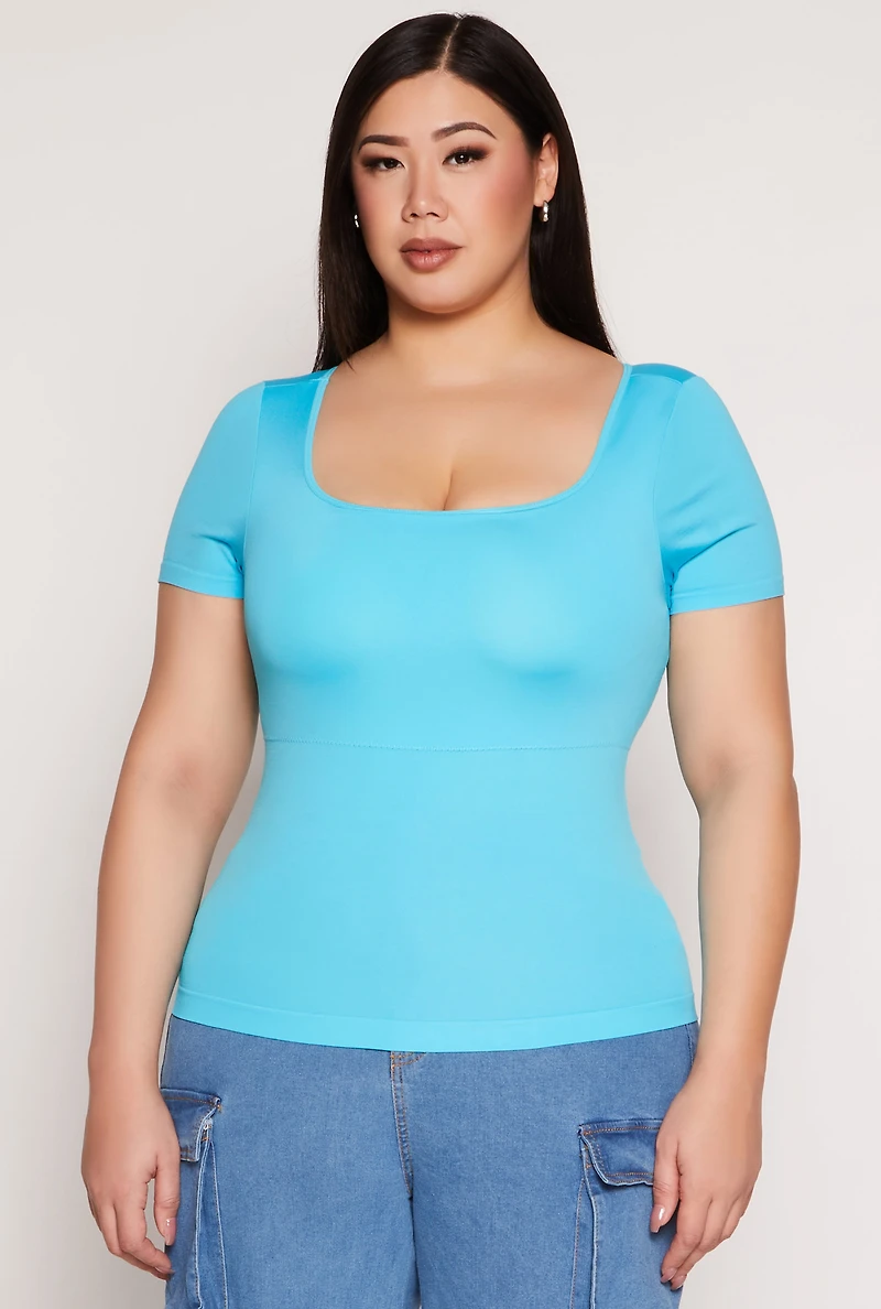Womens Plus Size Seamless Square Neck Short Sleeve Top, Blue, Size 2X-3X