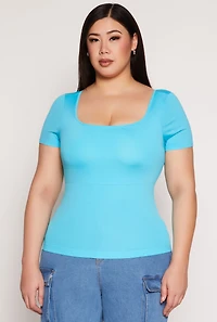 Womens Plus Size Seamless Square Neck Short Sleeve Top, Blue, Size 2X-3X