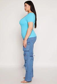 Womens Plus Size Seamless Square Neck Short Sleeve Top, Blue, Size 2X-3X