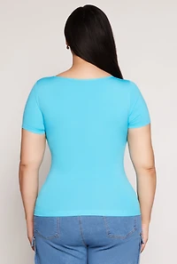 Womens Plus Size Seamless Square Neck Short Sleeve Top, Blue, Size 2X-3X