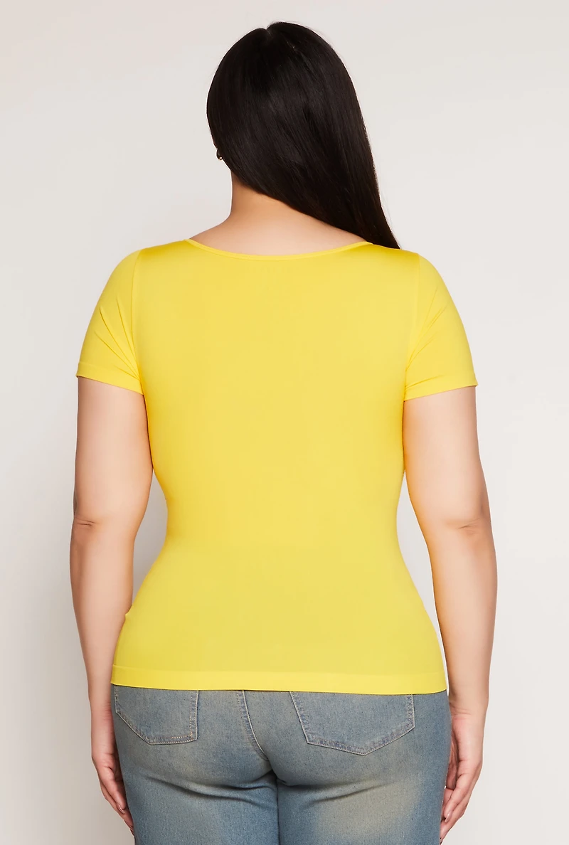 Womens Plus Size Seamless Square Neck Short Sleeve Top, Yellow, Size 1X-2X