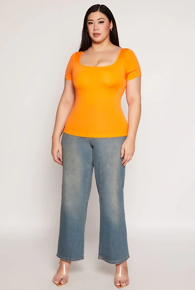 Womens Plus Size Seamless Square Neck Short Sleeve Top, Orange, Size 1X-2X