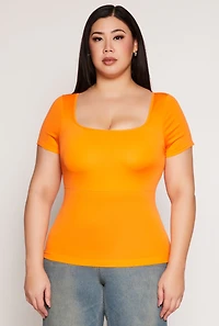 Womens Plus Size Seamless Square Neck Short Sleeve Top, Orange, Size 1X-2X