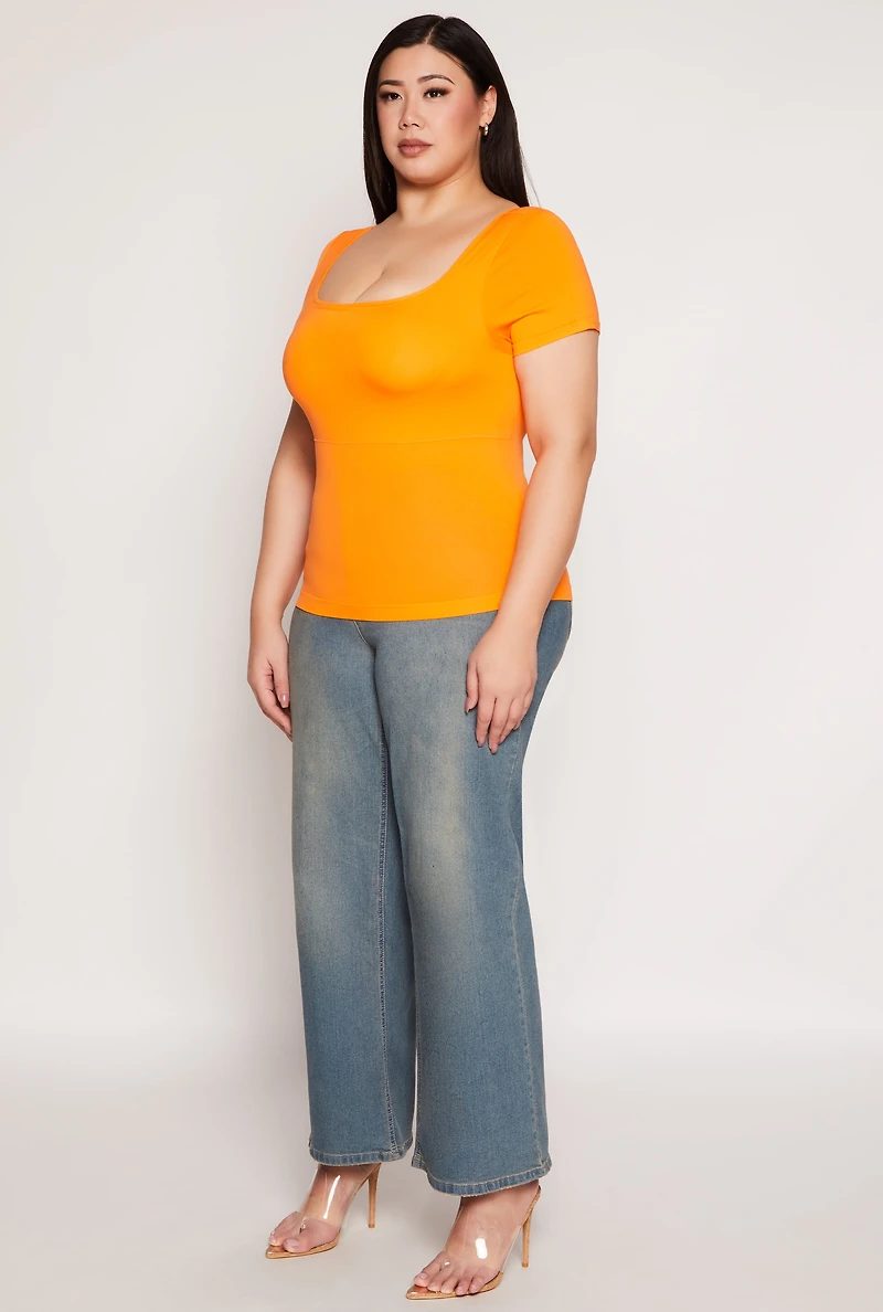 Womens Plus Size Seamless Square Neck Short Sleeve Top, Orange, Size 1X-2X