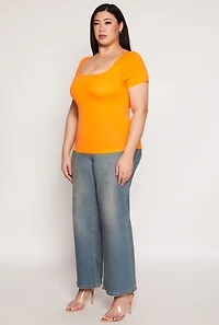 Womens Plus Size Seamless Square Neck Short Sleeve Top, Orange, Size 1X-2X
