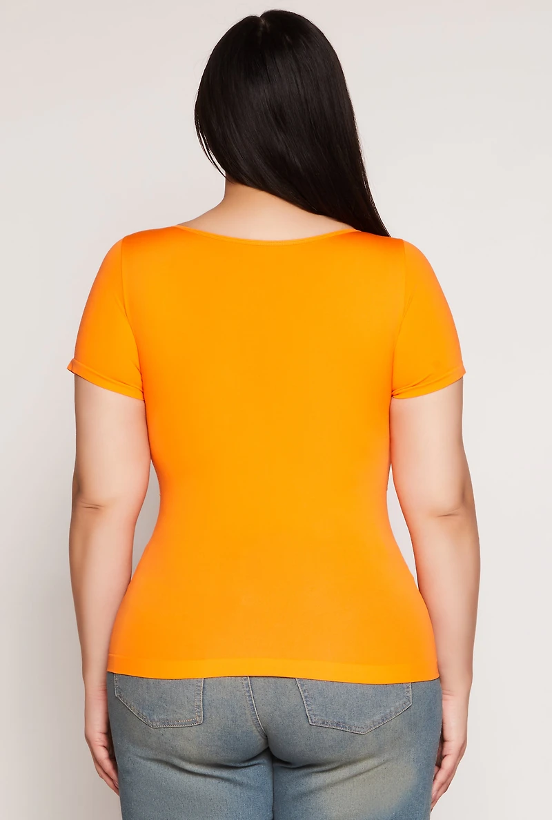 Womens Plus Size Seamless Square Neck Short Sleeve Top, Orange, Size 1X-2X