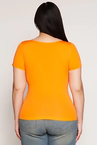 Womens Plus Size Seamless Square Neck Short Sleeve Top, Orange, Size 1X-2X