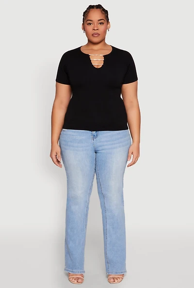 Womens Plus Rhinestone Caged Notch Neck Top,