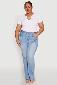 Womens Plus Size Rhinestone Caged Notch Neck Top, White, Size 2X-3X