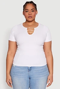 Womens Plus Size Rhinestone Caged Notch Neck Top, White, Size 2X-3X