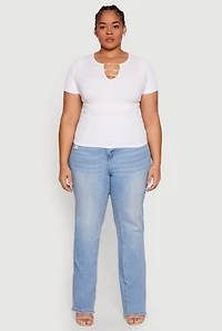 Womens Plus Size Rhinestone Caged Notch Neck Top, White, Size 2X-3X
